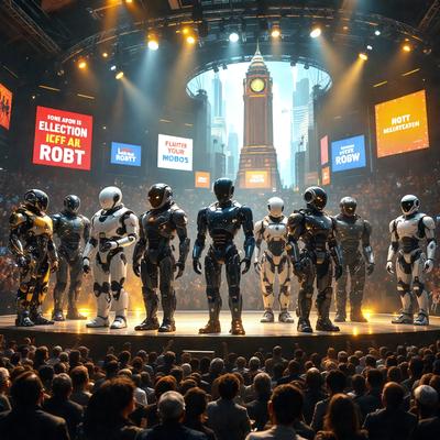 The primary subject of the image is a group of robots standing on a stage in front of a crowd. The robots are positioned in a line, with some standing closer to the front and others further back. The setting is a large auditorium, with a clock visible in the background. The visual style of the image is a combination of photo and digital art, creating a futuristic and dynamic atmosphere. The colors and mood of the image are predominantly dark and dramatic, with the robots and stage lights creating